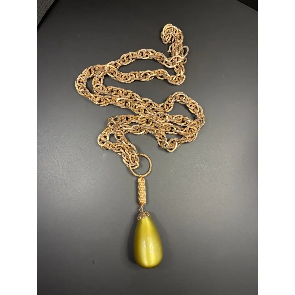 Vintage Chunky Gold Chain Necklace Large Olive Drop Pendant